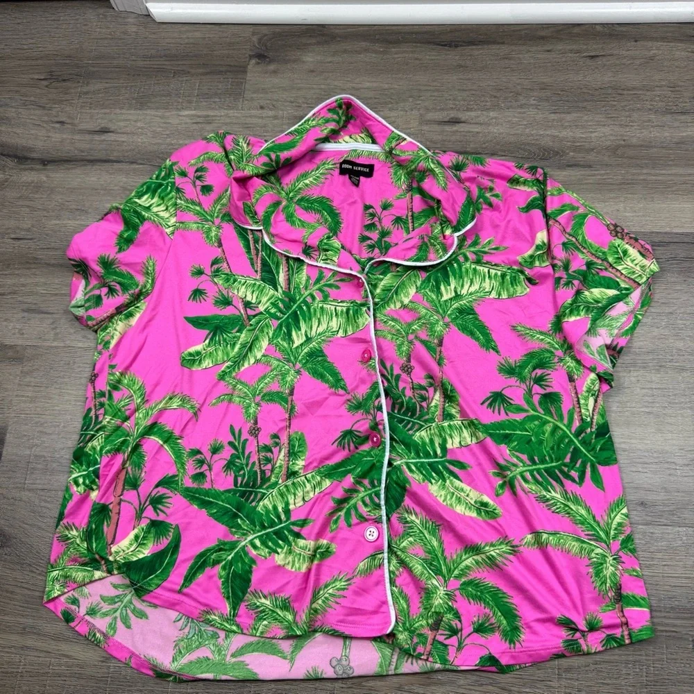 Room Service PJ Pajama Set Pink & Green Palm XXL Cozy Soft Loungewear Tropical - Picture 3 of 12